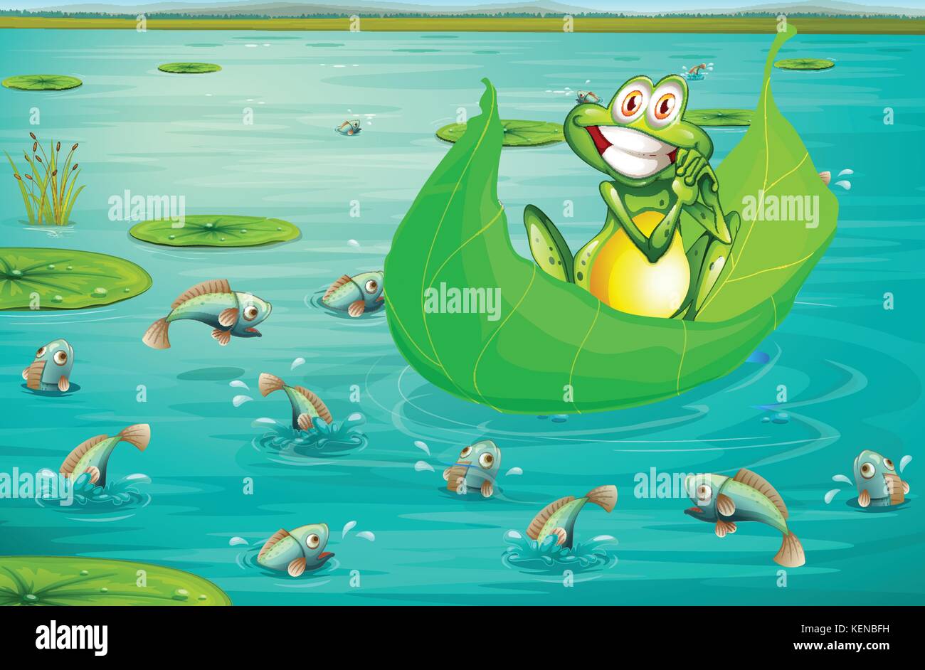 Illustration of a frog in a pond Stock Vector