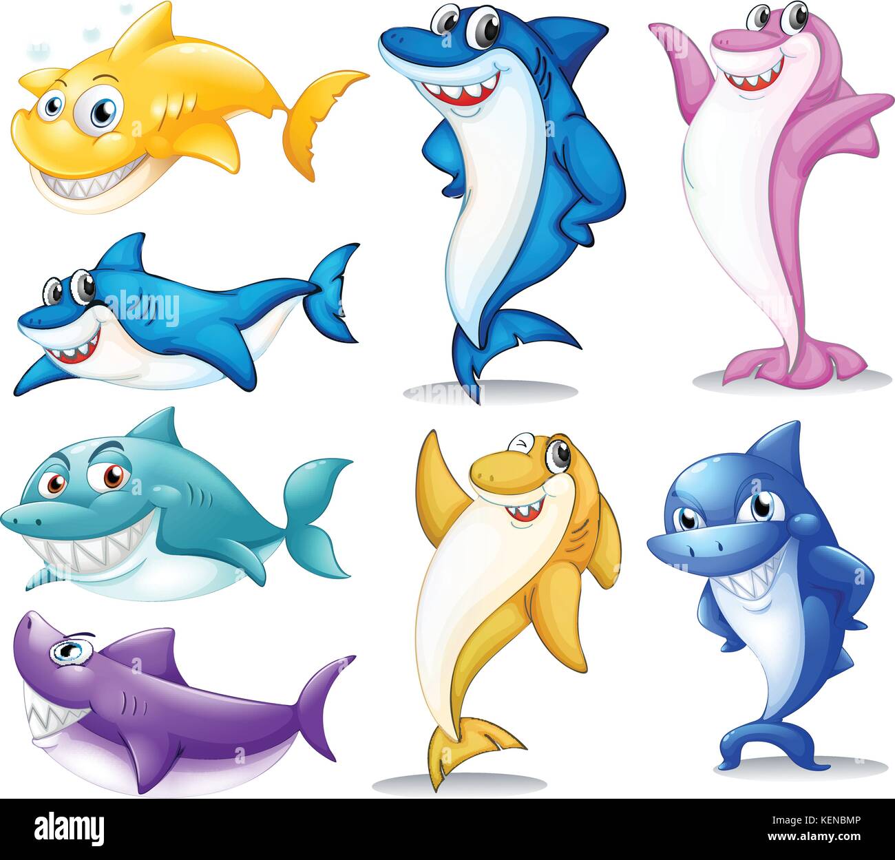 Illustration of a group of colorful sharks on a white background Stock