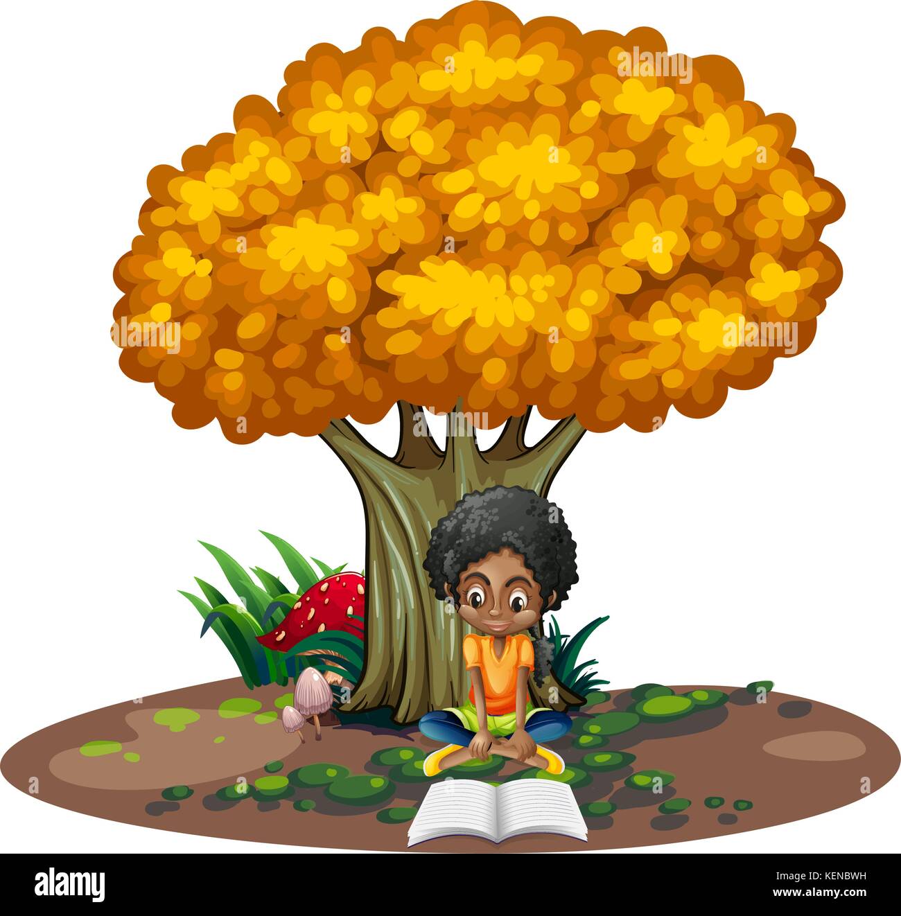 Illustration of a black woman reading under the tree on a white background Stock Vector