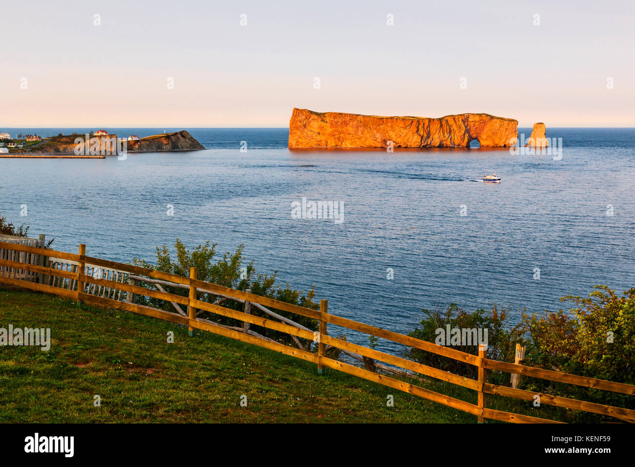 Perce Rock view from  Gaspe Peninsula at sunset  in Quebec, Canada Stock Photo