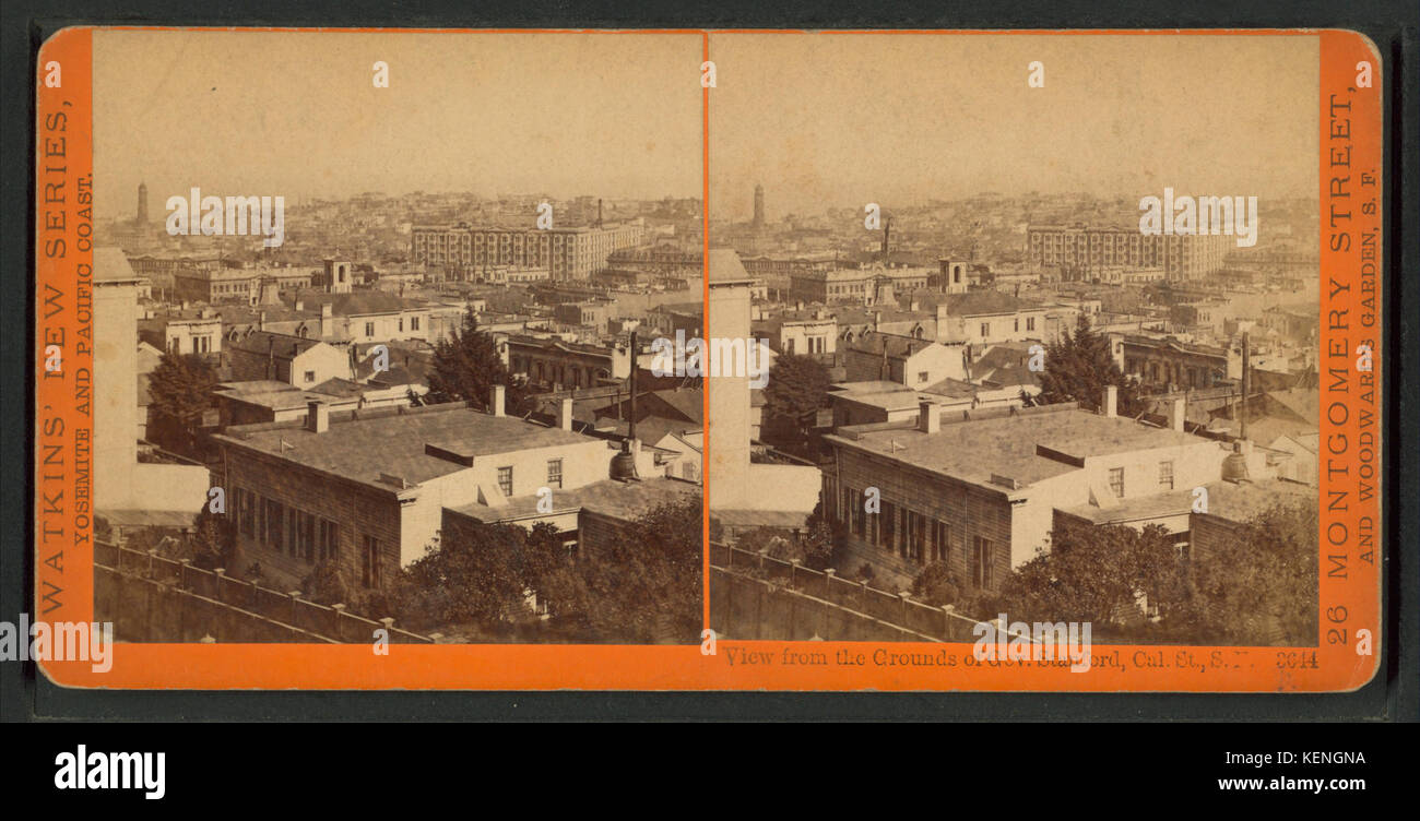 This photograph by Carleton E. Watkins captures a view from the grounds of Governor Stanford's residence in California, showcasing the landscape and architecture of the area during the 19th century. Stock Photo