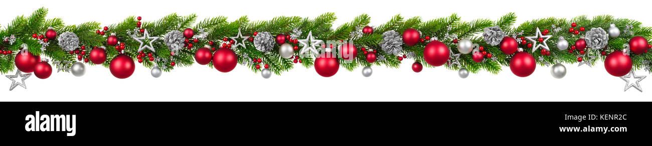 Extra wide Christmas border with hanging garland of fir branches, red ...