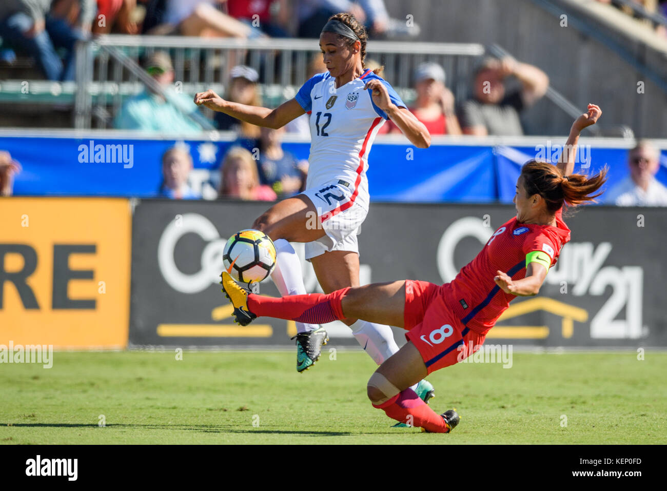 US Forward Lynn Williams (12) and Korea Defender Cho Sohyun (8) during the Women's International Soccer match between Korea and the United States at WakeMed Soccer Park in Cary, NC on October 22, 2017. Jacob Kupferman/CSM Stock Photo