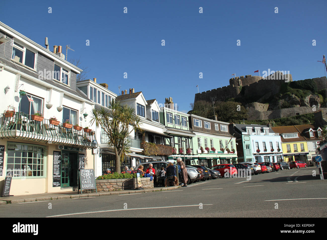 Jersey, UK. 20th Oct, 2017. Mont Orgueil Castle from Gorey coast road with  a forgeound of Gorey village shops. © David Mbiyu/Alamy Live News Stock  Photo - Alamy