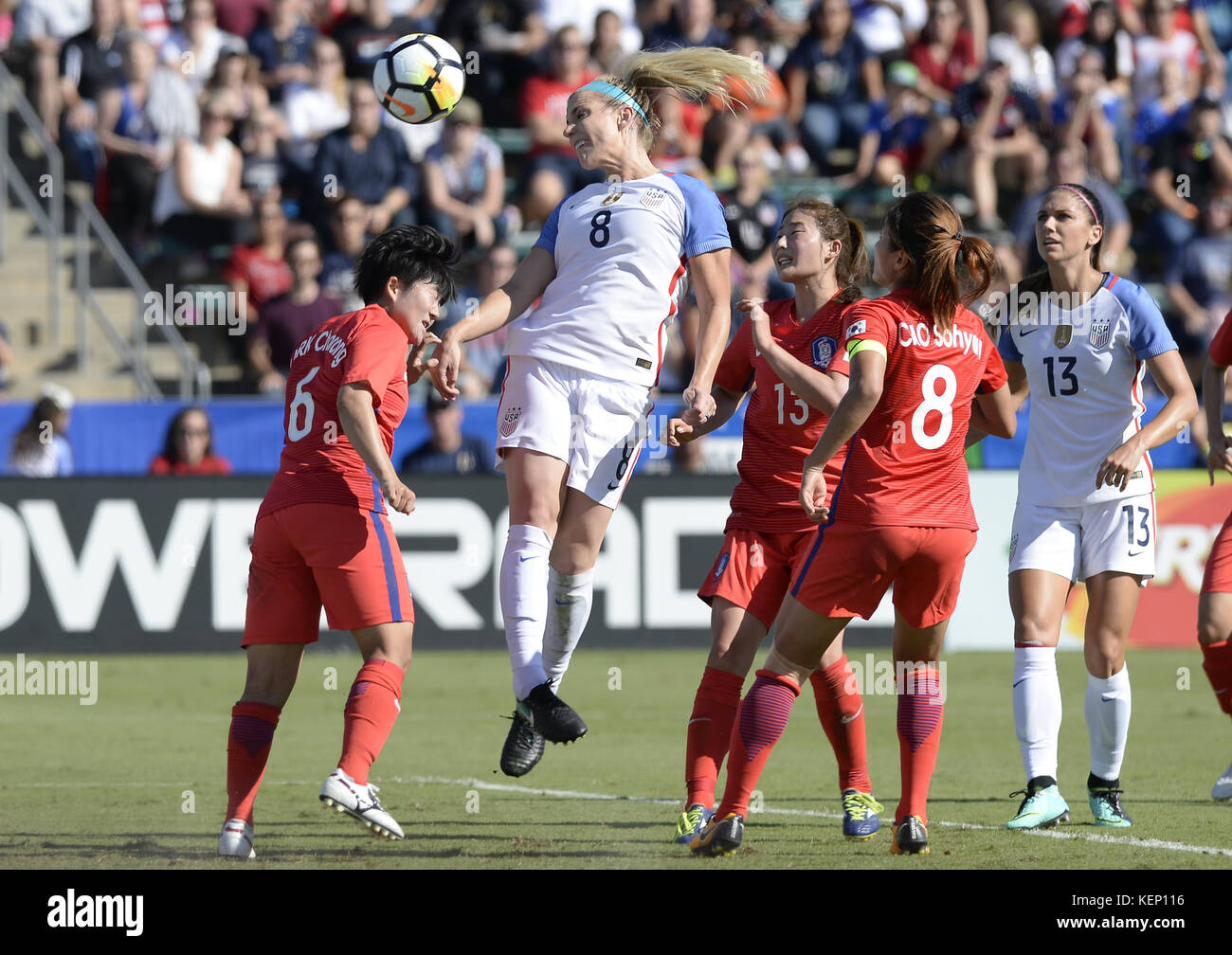 Cary, North Carolina, USA. 22nd Oct, 2017. JULIE ERTZ (8) of USA scores a goal with a header against defense from PARK CHORONG (6), CHO SOHYUN (8) and JI SUNMI (13) of Korea Republic. The USA played Korea Republic in a women soccer game that took place at the WakeMed Soccer Park in Cary, N.C. on Sunday, October 22, 2017. USA won 6-0. Credit: Fabian Radulescu/ZUMA Wire/Alamy Live News Stock Photo