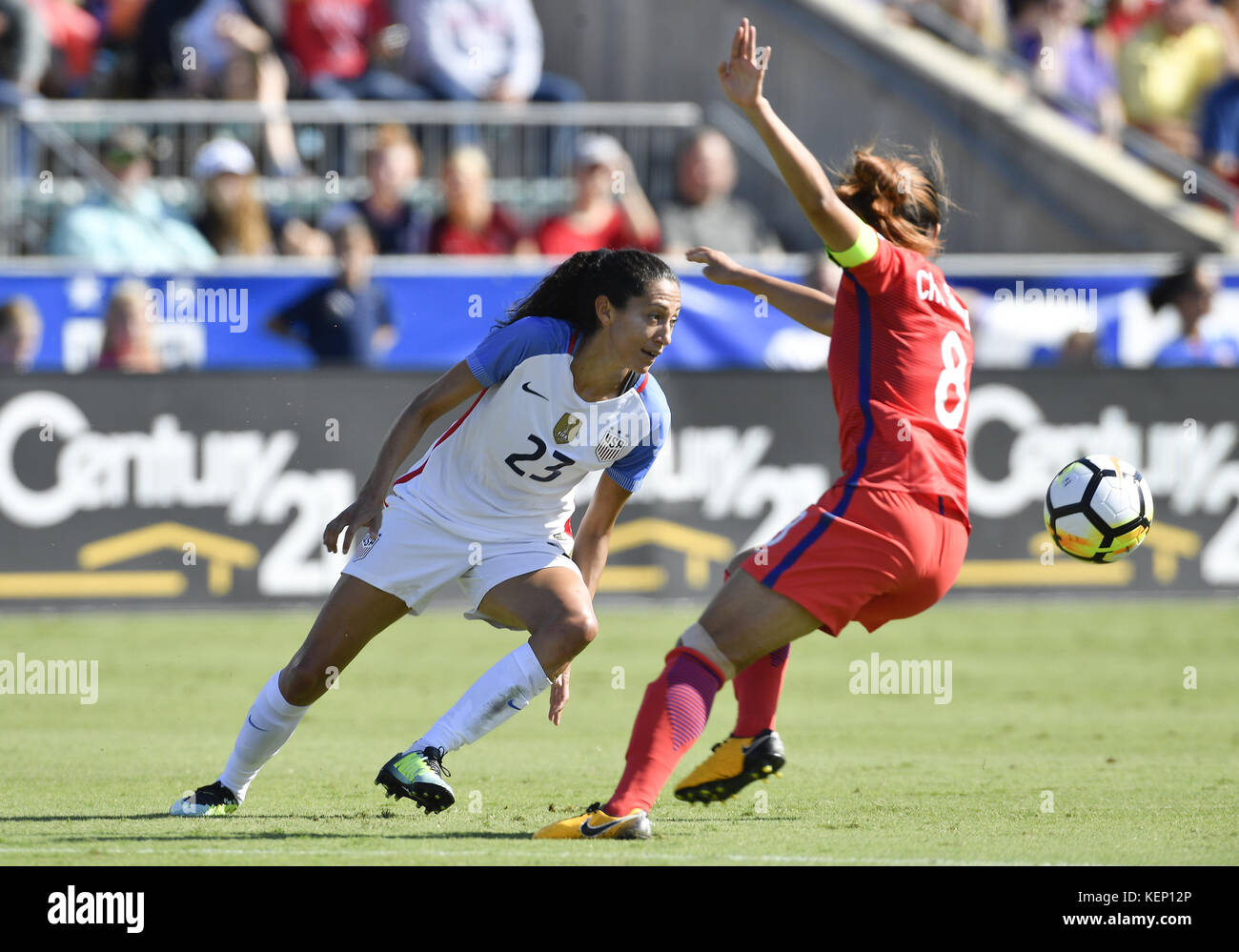 Cary, North Carolina, USA. 22nd Oct, 2017. CHRISTEN PRESS (23) of USA dribbles against CHO SOHYUN (8) of Korea Republic. The USA played Korea Republic in a women soccer game that took place at the WakeMed Soccer Park in Cary, N.C. on Sunday, October 22, 2017. USA won 6-0. Credit: Fabian Radulescu/ZUMA Wire/Alamy Live News Stock Photo