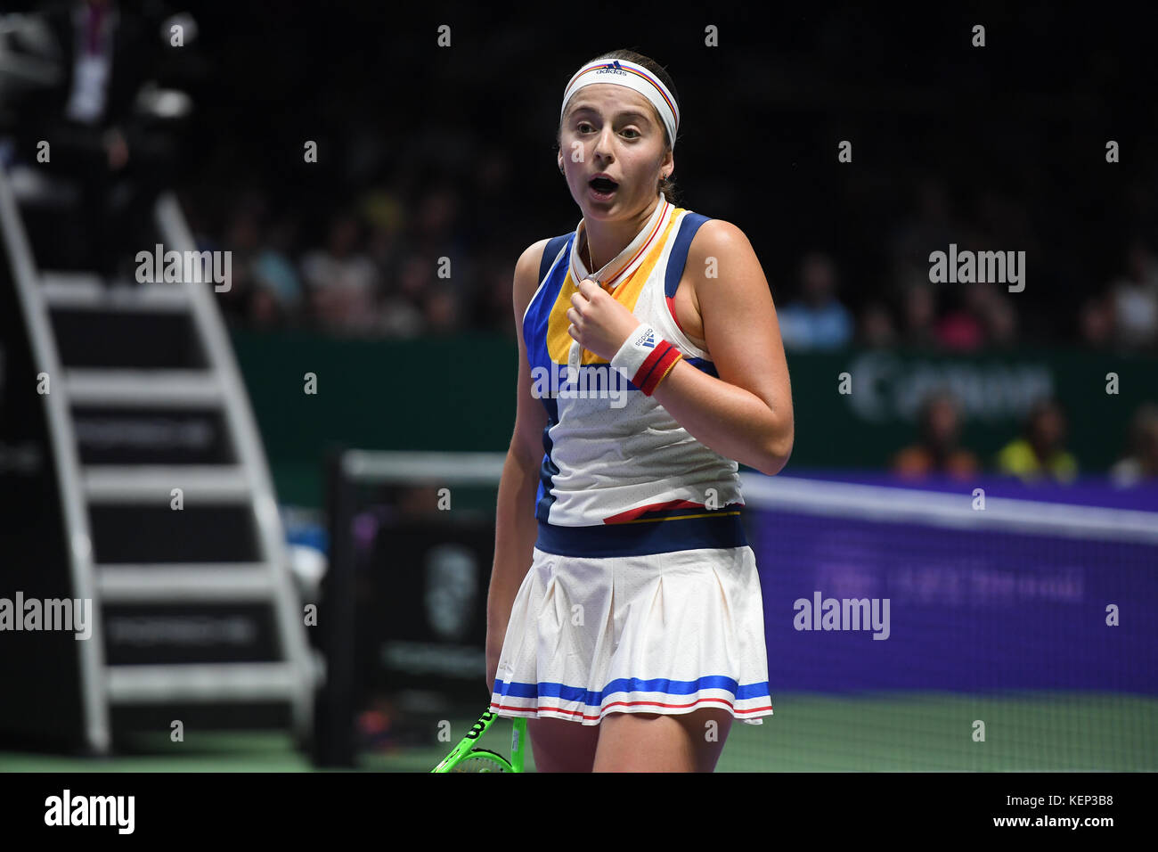 Singapore. 22nd Oct, 2017. Jelena Ostapenko (LAT), OCT 22, 2017 - Tennis : BNP Paribas WTA Finals Singapore 2017 match between Jelena Ostapenko (LAT) 0-2 Garbine Muguruza (ESP) at Inddor Stadium in Singapore. Credit: Haruhiko Otsuka/AFLO/Alamy Live News Stock Photo