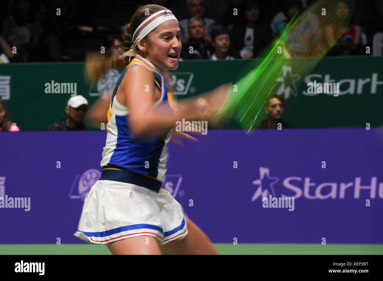 Singapore. 22nd Oct, 2017. Jelena Ostapenko (LAT), OCT 22, 2017 - Tennis : BNP Paribas WTA Finals Singapore 2017 match between Jelena Ostapenko (LAT) 0-2 Garbine Muguruza (ESP) at Inddor Stadium in Singapore. Credit: Haruhiko Otsuka/AFLO/Alamy Live News Stock Photo
