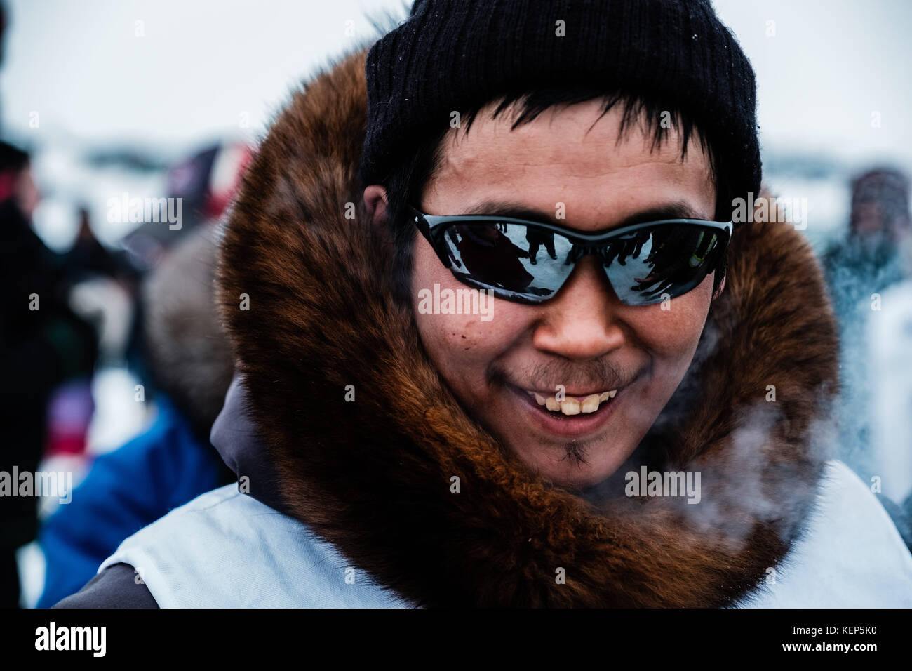Inukjuak, Nunavik, Quebec, Canada. 31st Mar, 2017. One of the member of today winning team, from Puvirnituq, Putugu Iqirquq.Since 2001, Ivakkak has been an event which honors the Husky dogs, every two years, the race goes through several villages of the Nunavik.Husky dogs have a long tradition of living closely with human. In the last century, they were helping as indispensable guardians against predators, and in the absence of GPS, they could very easily find their way in the tundra. Credit: Yves Choquette/SOPA/ZUMA Wire/Alamy Live News Stock Photo