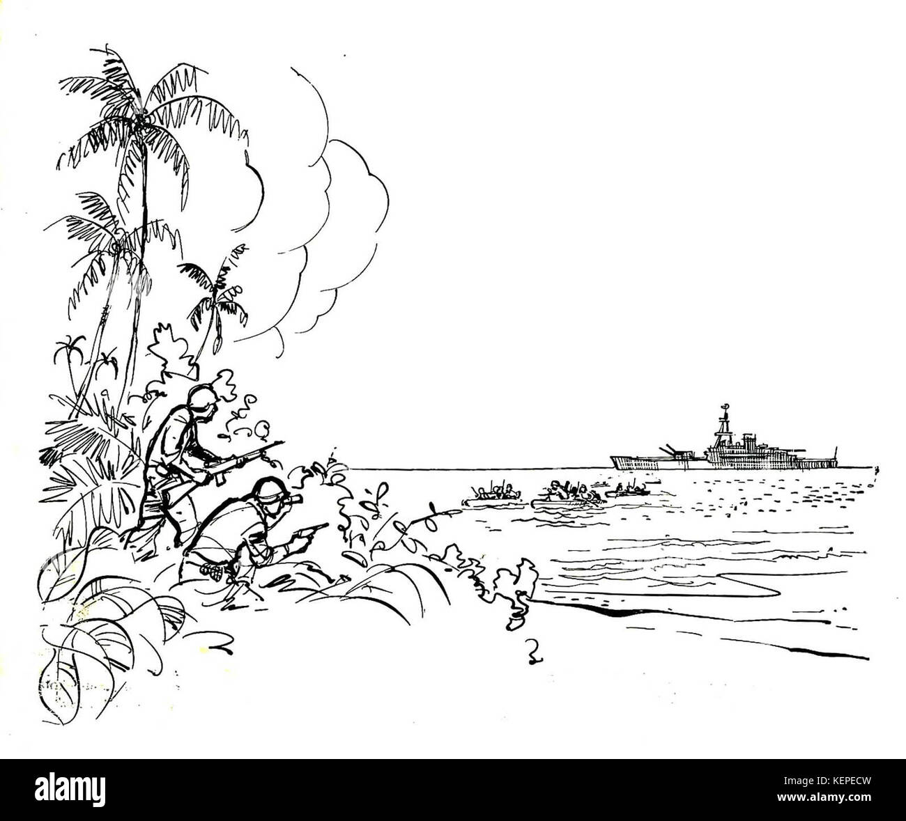 This line drawing depicts an amphibious assault operation, likely related to a military exercise or historical event. 'Jalesveva Jayamahe' is the national slogan of Indonesia, meaning 'Victory at Sea,' which may reference naval forces in the operation. Stock Photo