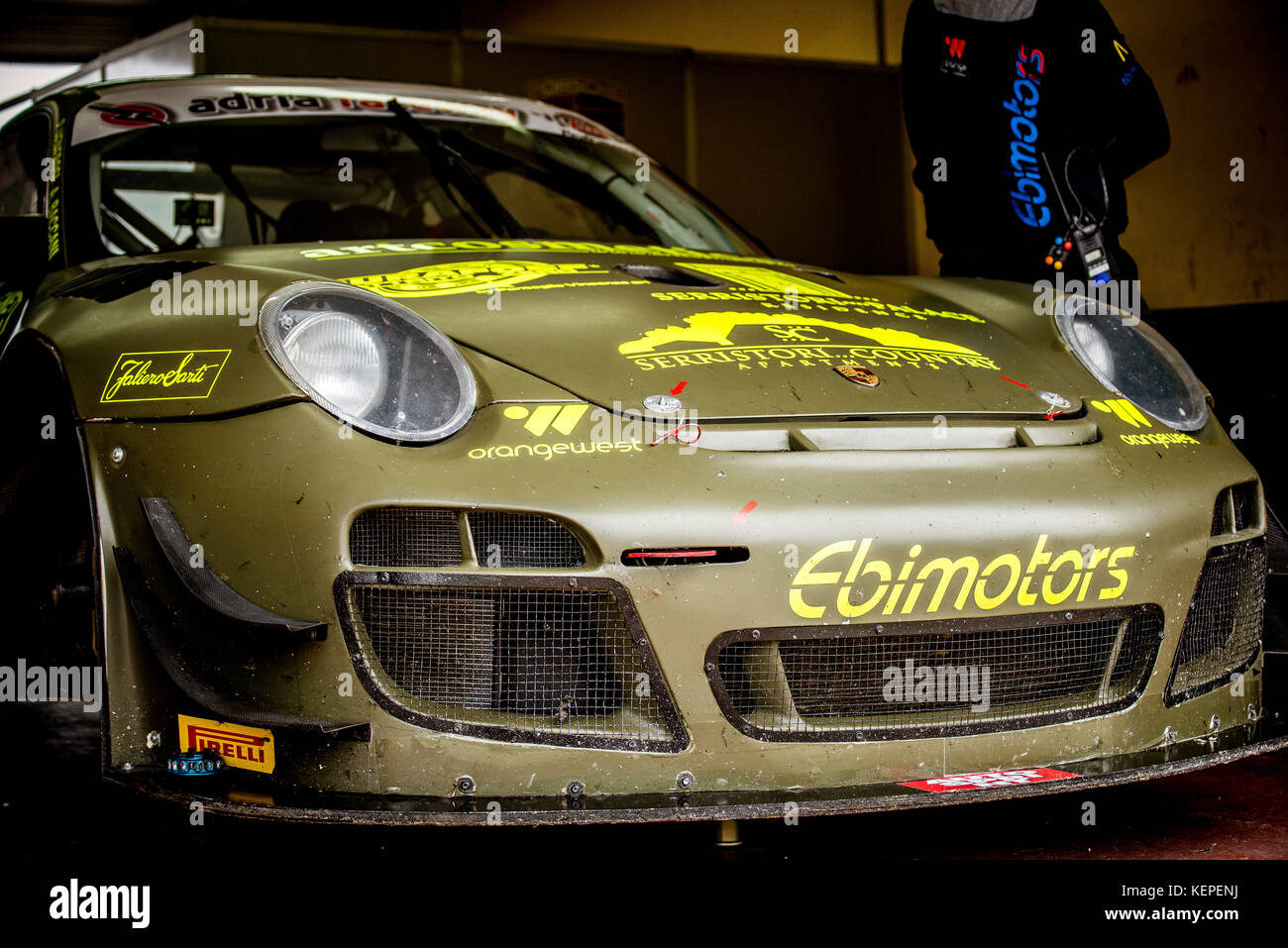 Racing Porsche car in the paddock, dirty nose detail Stock Photo