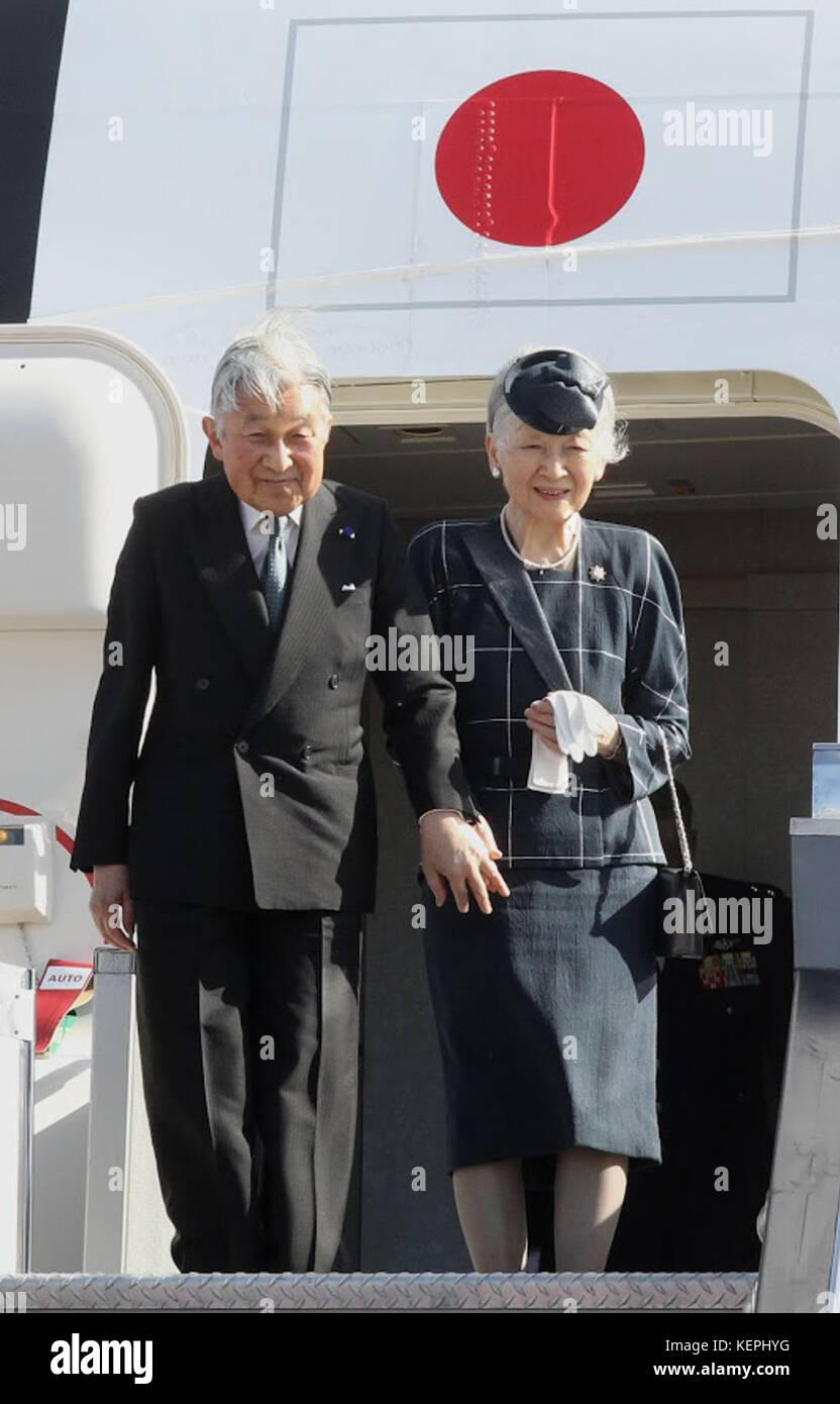 Japanese Emperor Akihito and Empress Michiko arrive at the Manila International Airport 012616 Stock Photo