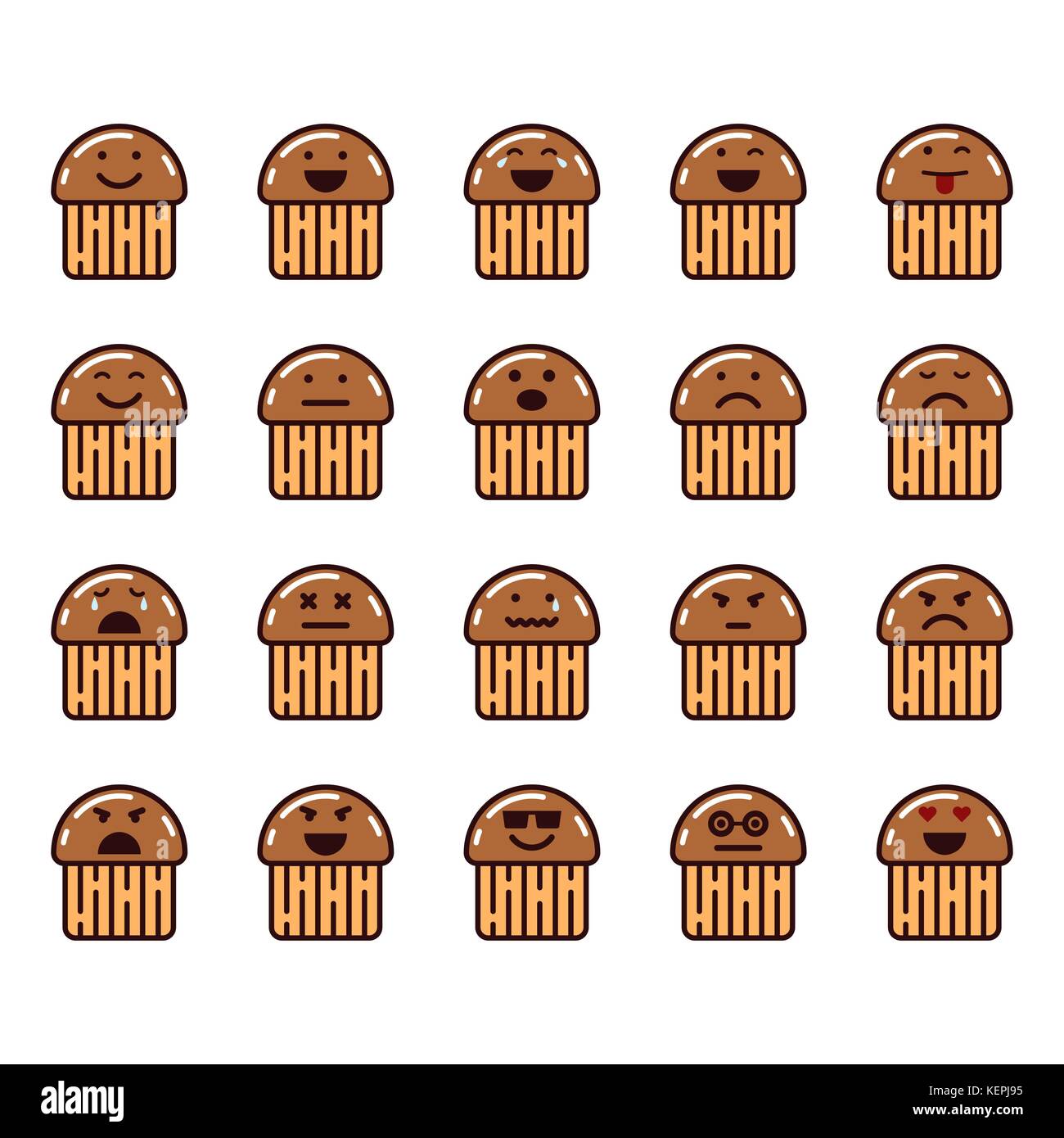 Vector icons set of emoji in the shape of muffins on white background
