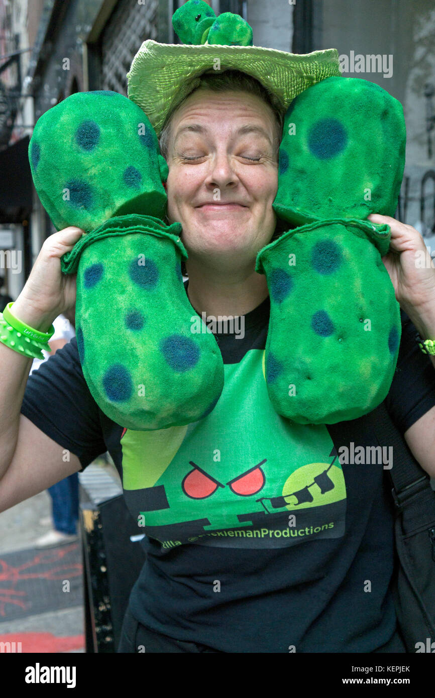 A portrait of Elizabeth Pasieczny of Pickleman Productions at the annual Pickle Day celebration on Orchard Street on the Lower East Side of Manhattan. Stock Photo