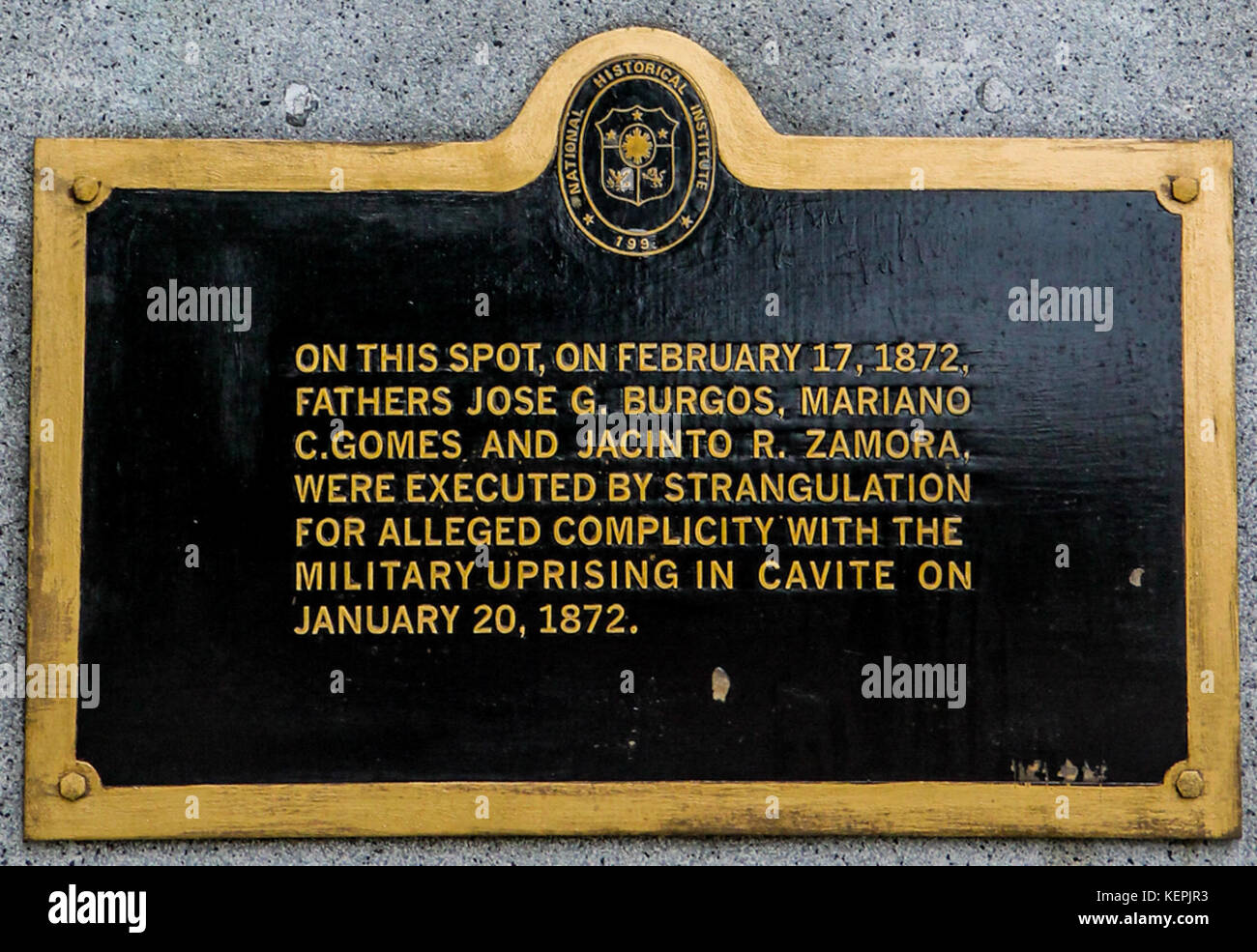 This marker commemorates the execution site of Gomburza, three Filipino priests executed during the Spanish colonial period. Stock Photo