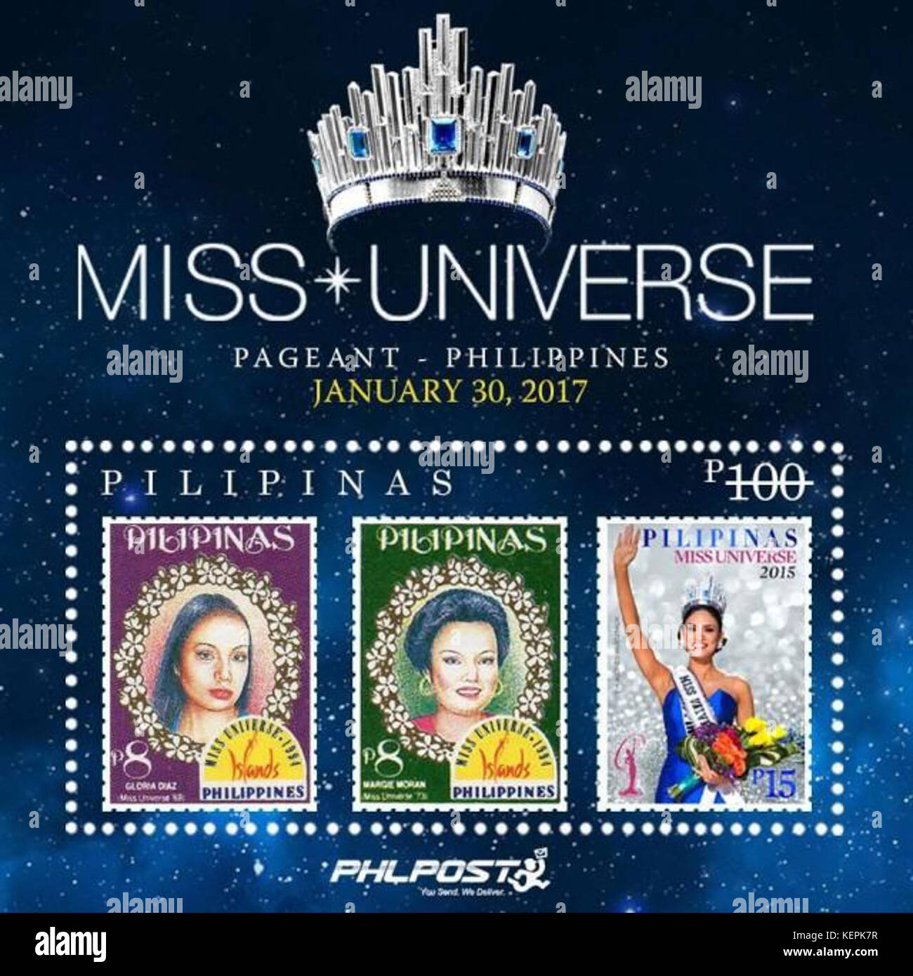 The Philippines' stamp sheet commemorates the 2017 Miss Universe pageant. Featuring the official design and logos, it celebrates the country's participation in this international event and highlights its beauty queens. Stock Photo