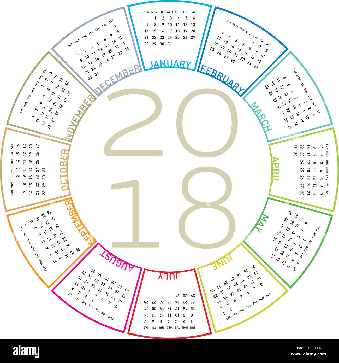 Colorful Calendar For 2018 Circular Design Week Starts On Sunday