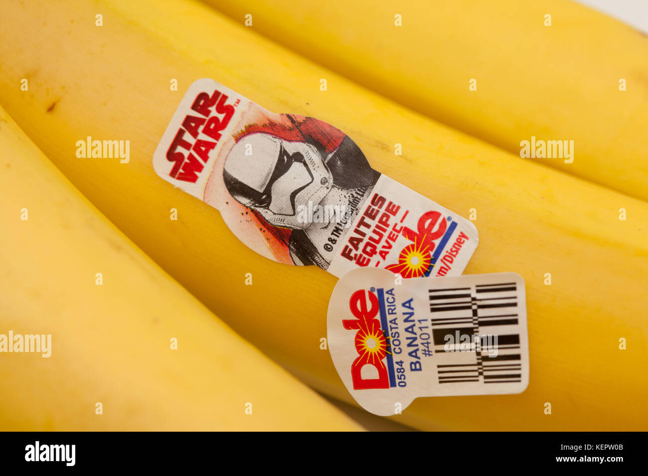 Toronto, Canada - October 22, 2017:   Star Wars stormtrooper  sticker on Dole banana Stock Photo