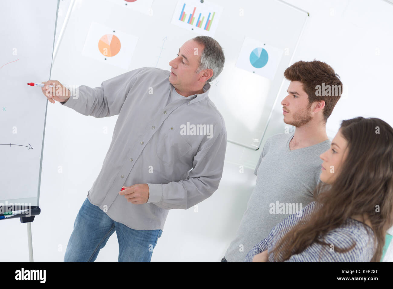 Teacher looking at flip chart with students Stock Photo