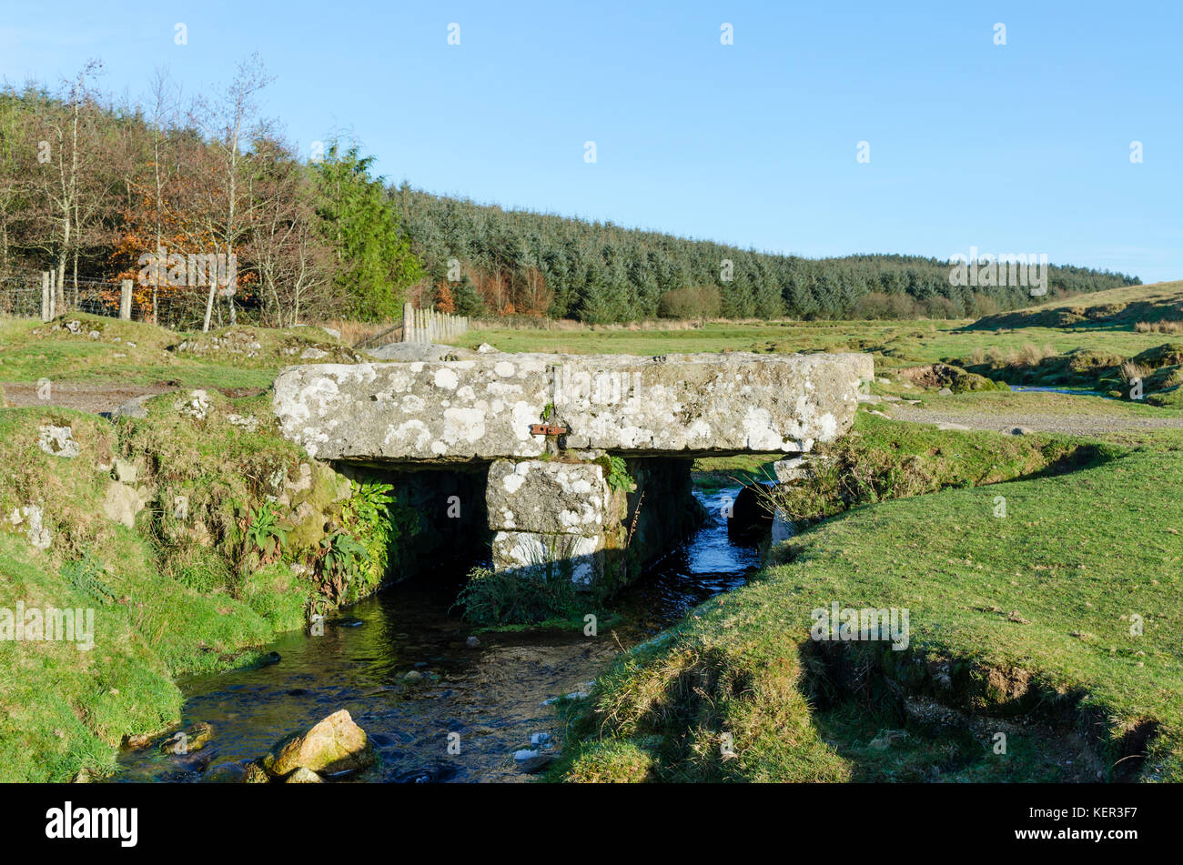 ancient clapper bridge over a stream on bodmin moor in cornwall, england, britain, uk. Stock Photo
