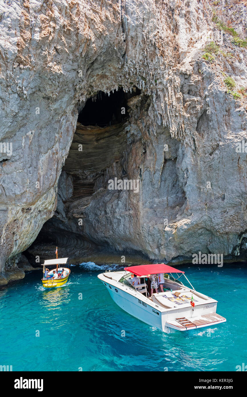 visitors taking a boat trip to grotta bianca on the island of capri, italy. Stock Photo