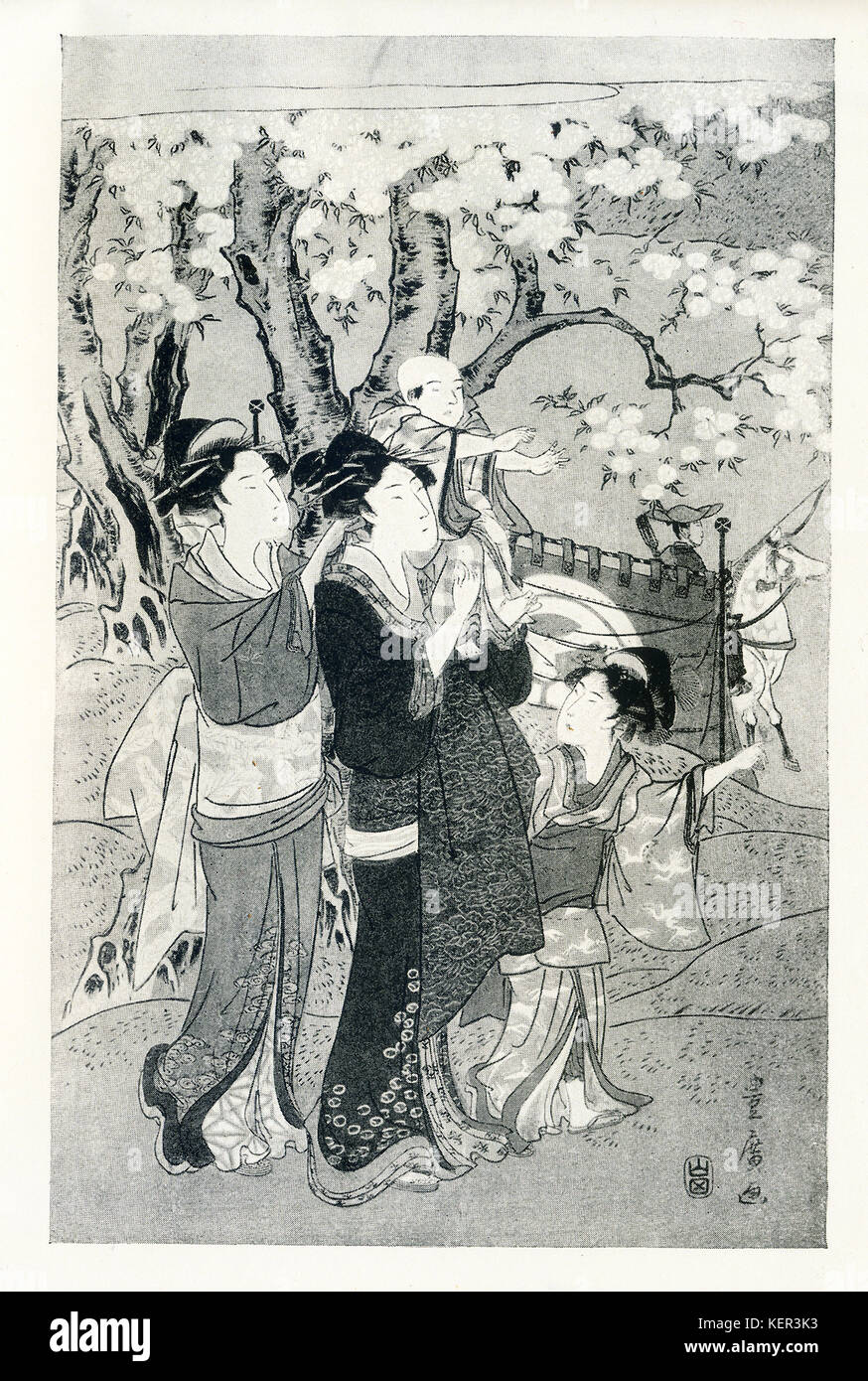 The caption for this image reads—Toyohiro: Left-hand sheet of a triptych. Two ladies and children watching archers at practice; signed Toyohiro; publisher, Yamada-ya. Utagawa Toyohiro who lived from 1773 to 1828 was a Japanese artist and painter. He belonged to the Utagawa School. This painting dates to the early days of his career. This scene is frm a triptych is from a rare set entitled 'Twelve Months by Two Artists.' Stock Photo