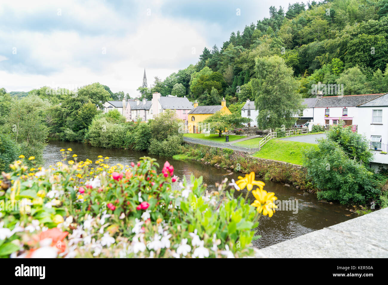 Avoca River flowing through township of Avoca pretty small town in Wicklow County, Ireland Stock