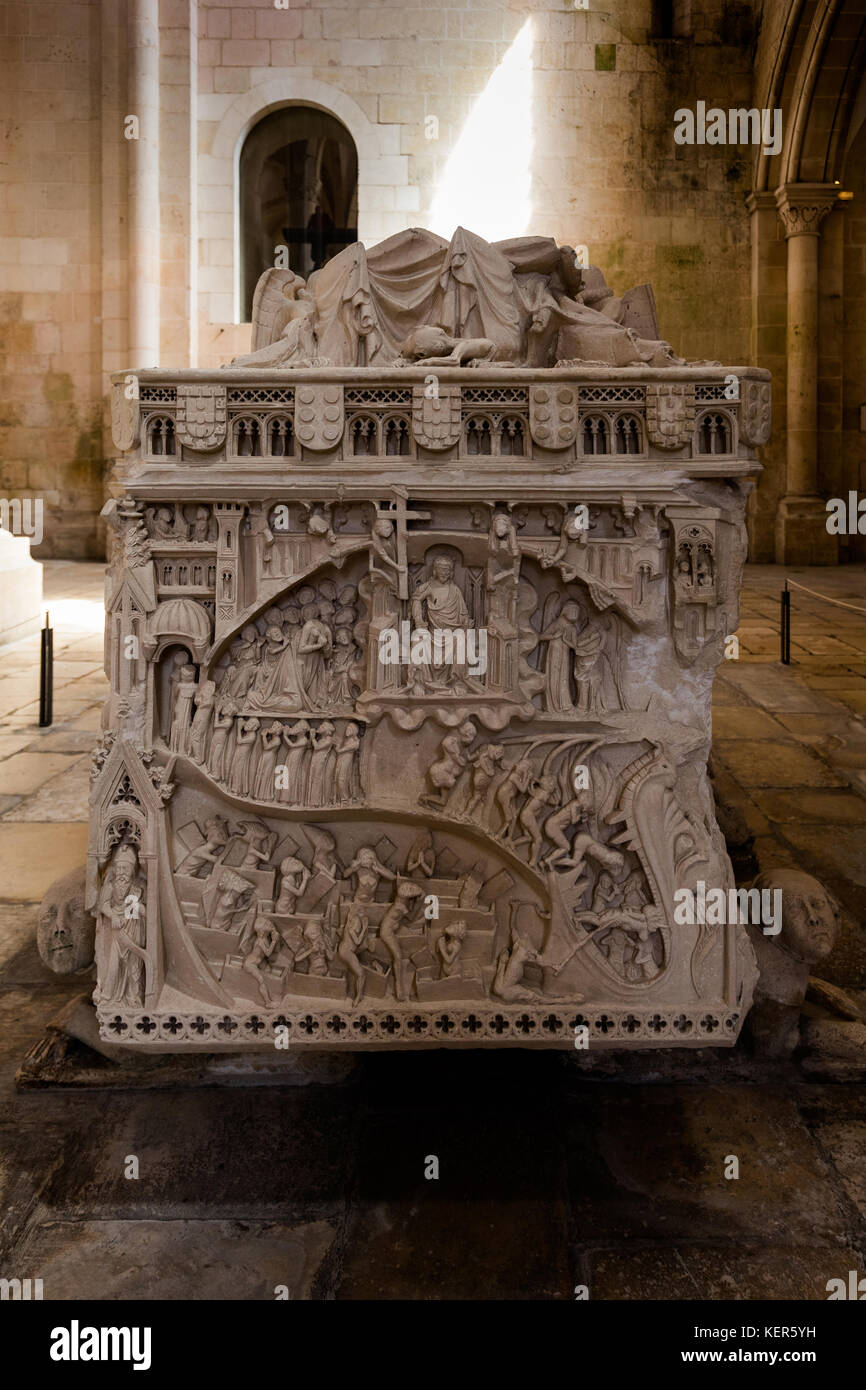 Medieval tomb of Ines de Castro showing Christ presiding over the Last Judgement in the 13th century Alcobaca Monastery Stock Photo