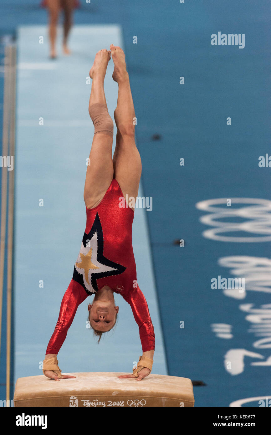 Bridget Sloan (USA) competing on the vault in the Women Qualification at the 2008 Olympic Summer Games, Beijing, China Stock Photo