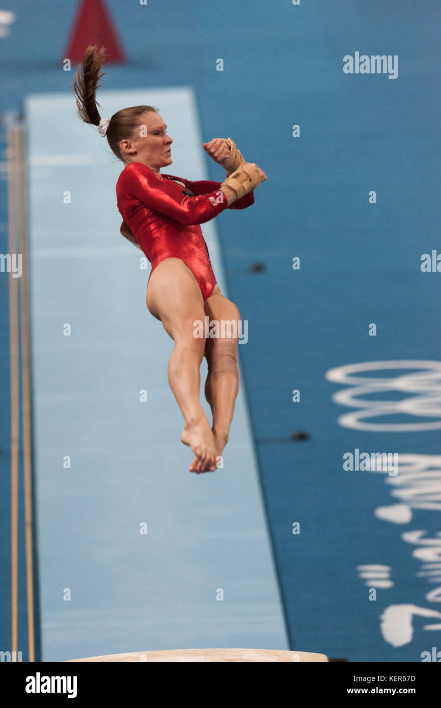 Bridget Sloan (USA) competing on the vault in the Women Qualification at the 2008 Olympic Summer Games, Beijing, China Stock Photo