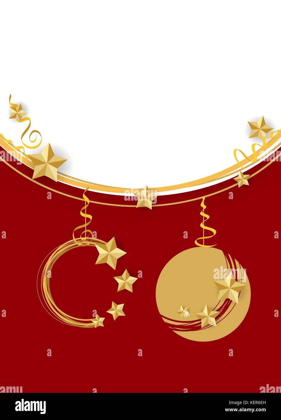 Traditional Christmas ball set mockup background template. Xmas tree garland star lights. Red vector illustration template. Winter seasonal new year g Stock Vector