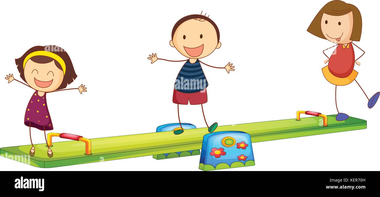 Kids playing with the seesaw on a white background Stock Vector