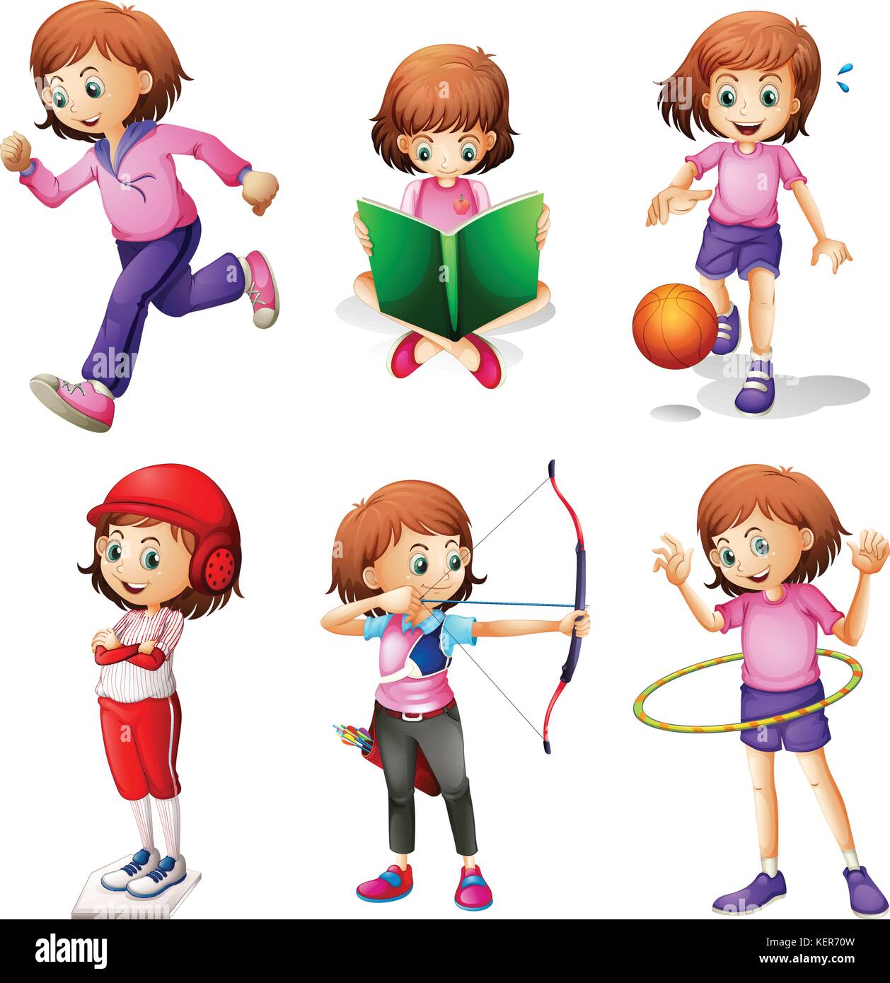 Illustration of a young girl doing different activities on a white ...