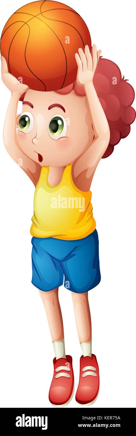 Illustration of a young boy playing basketball on a white background Stock Vector
