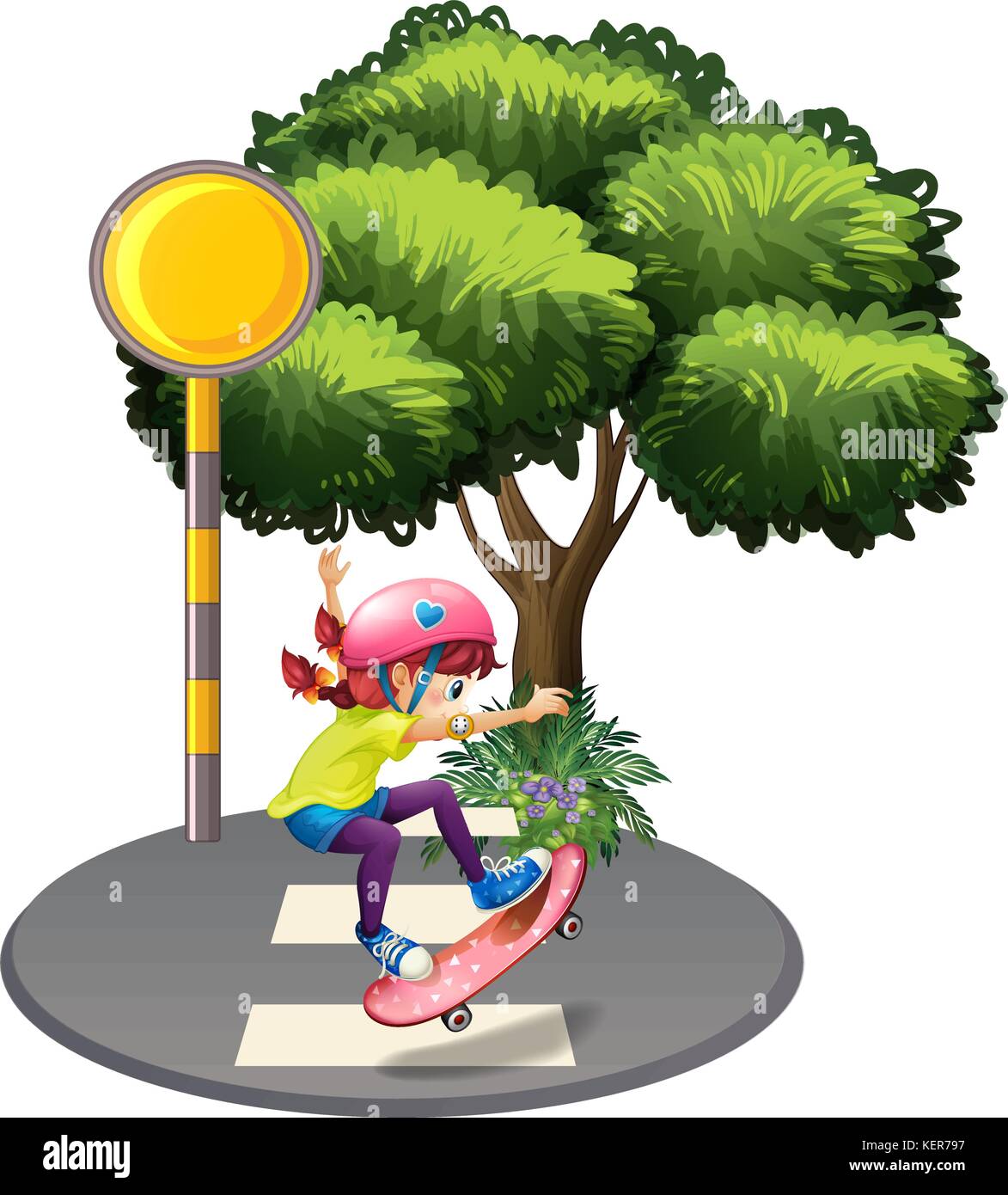 Illustration of a girl skateboarding near the big tree on a white background Stock Vector