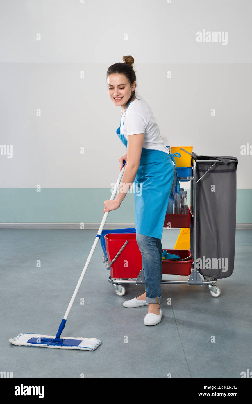 Cheerful cleaning woman with mop and cleaning equipment. Female