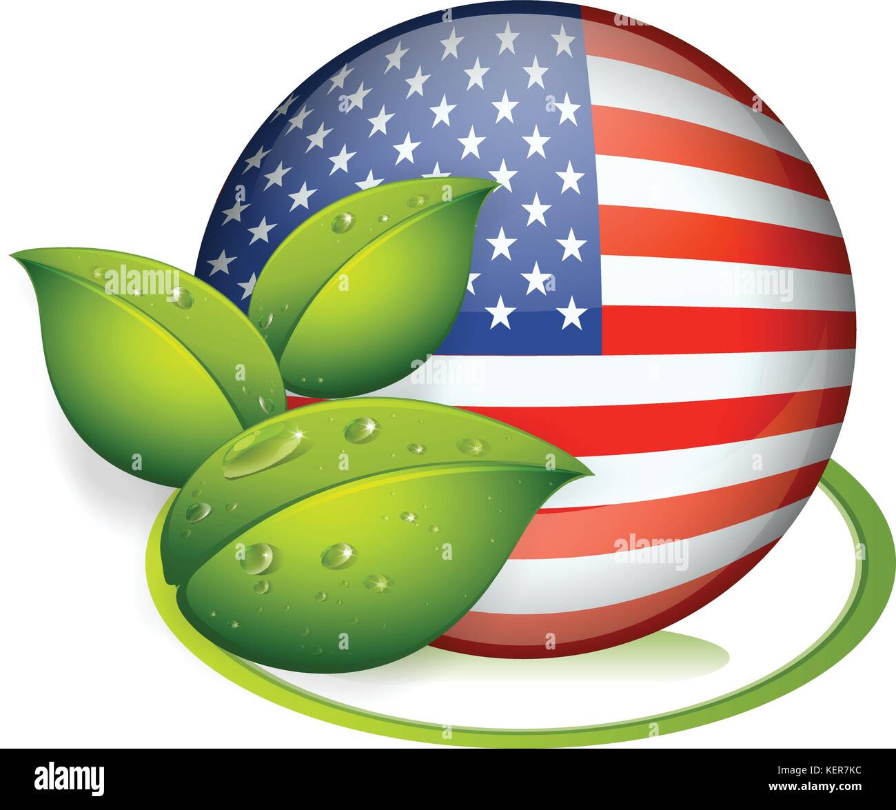 Illustration of a ball with the flag of the United States and with leaves on a white background Stock Vector