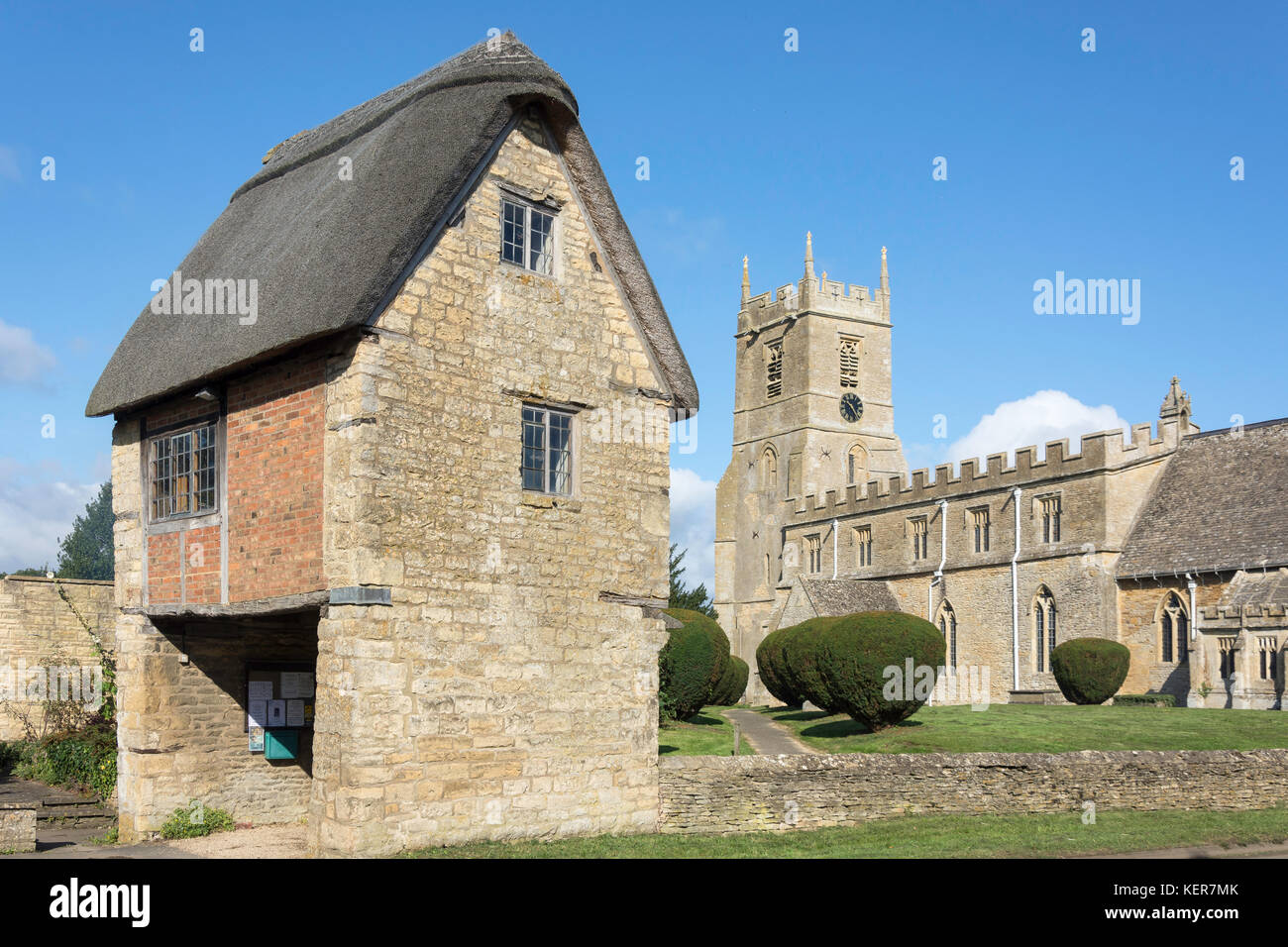 St Peter & St Paul Church showing The Lych Gate, Main Street, Long Compton, Warwickshire, England, United Kingdom Stock Photo