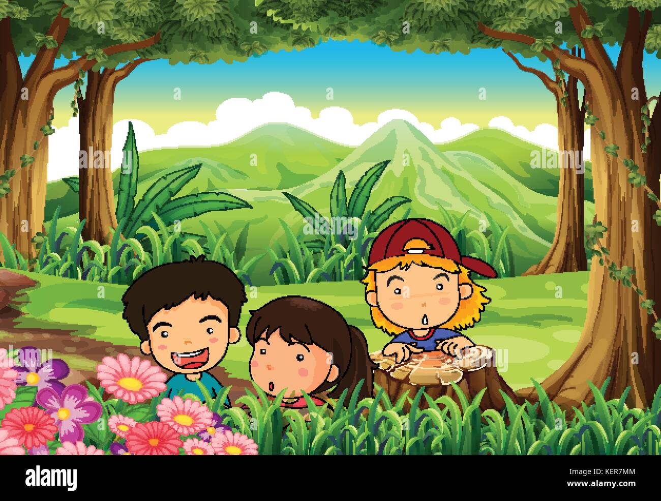Illustration of the three playful kids at the woods Stock Vector Image ...