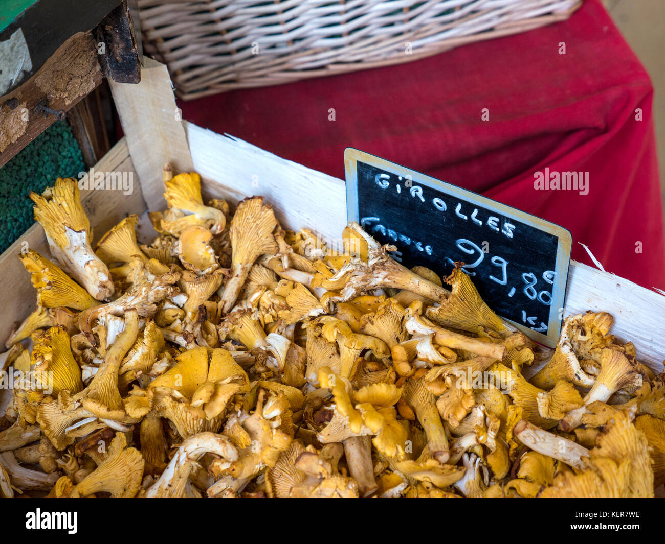 GIROLLES CHANTERELLE MUSHROOMS MARKET STALL Blackboard  price tag promoting Girolles mushrooms on sale in traditional Brittany produce market France Stock Photo