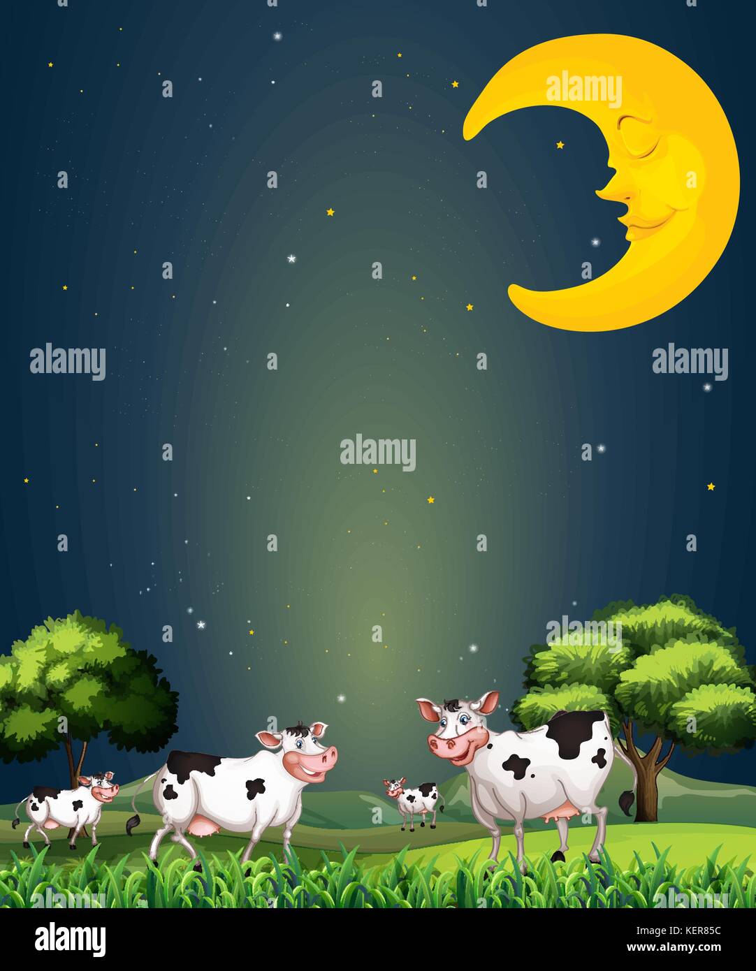 Illustration Of The Cows Under The Sleeping Moon Stock Vector Image Art Alamy