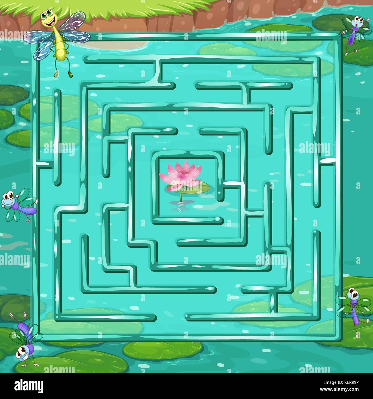 Illustration of a maze game with a pond background Stock Vector