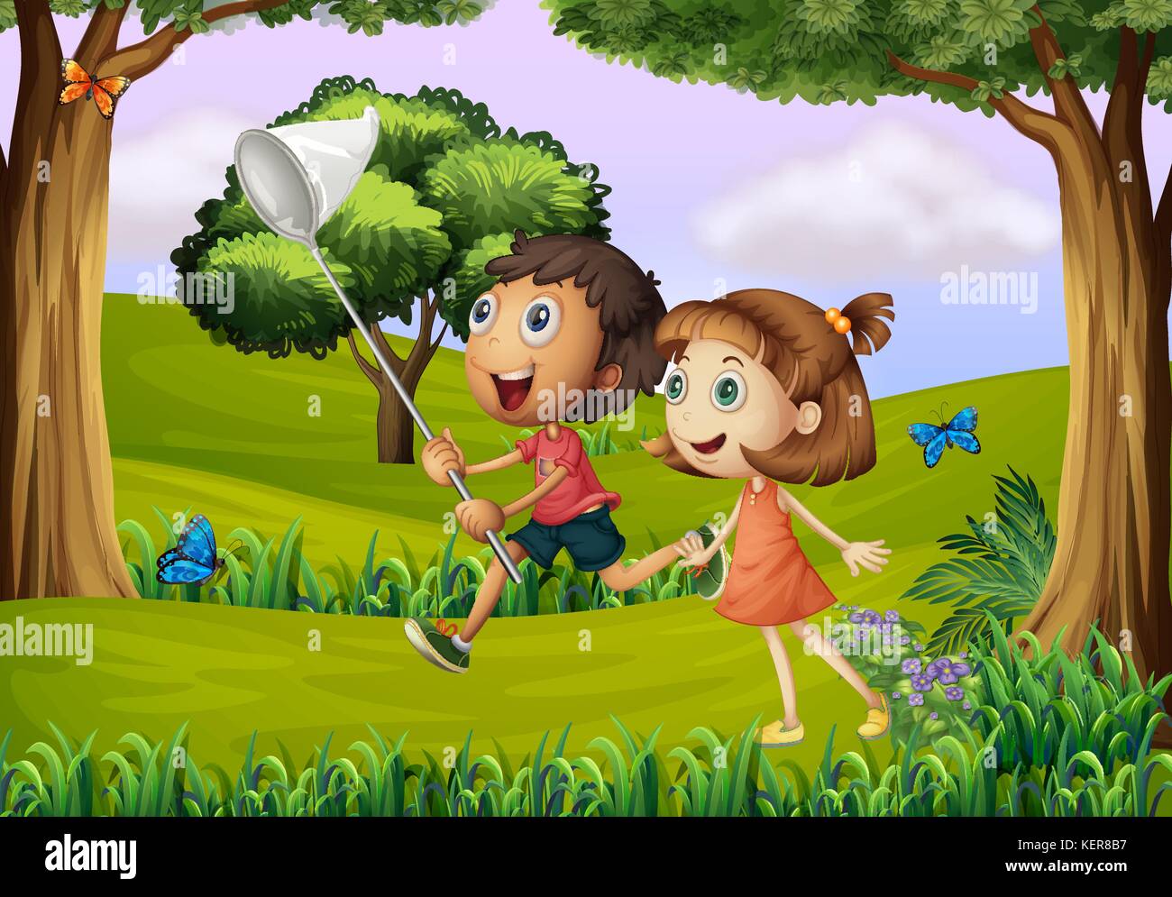 Illustration of the two kids playing at the forest with a net Stock ...