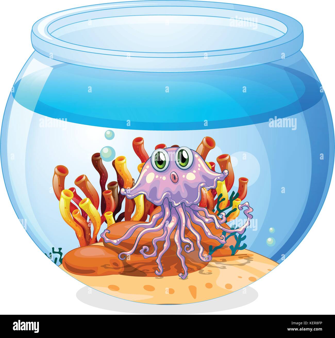 Illustration of a squid inside the aquarium on a white background Stock Vector