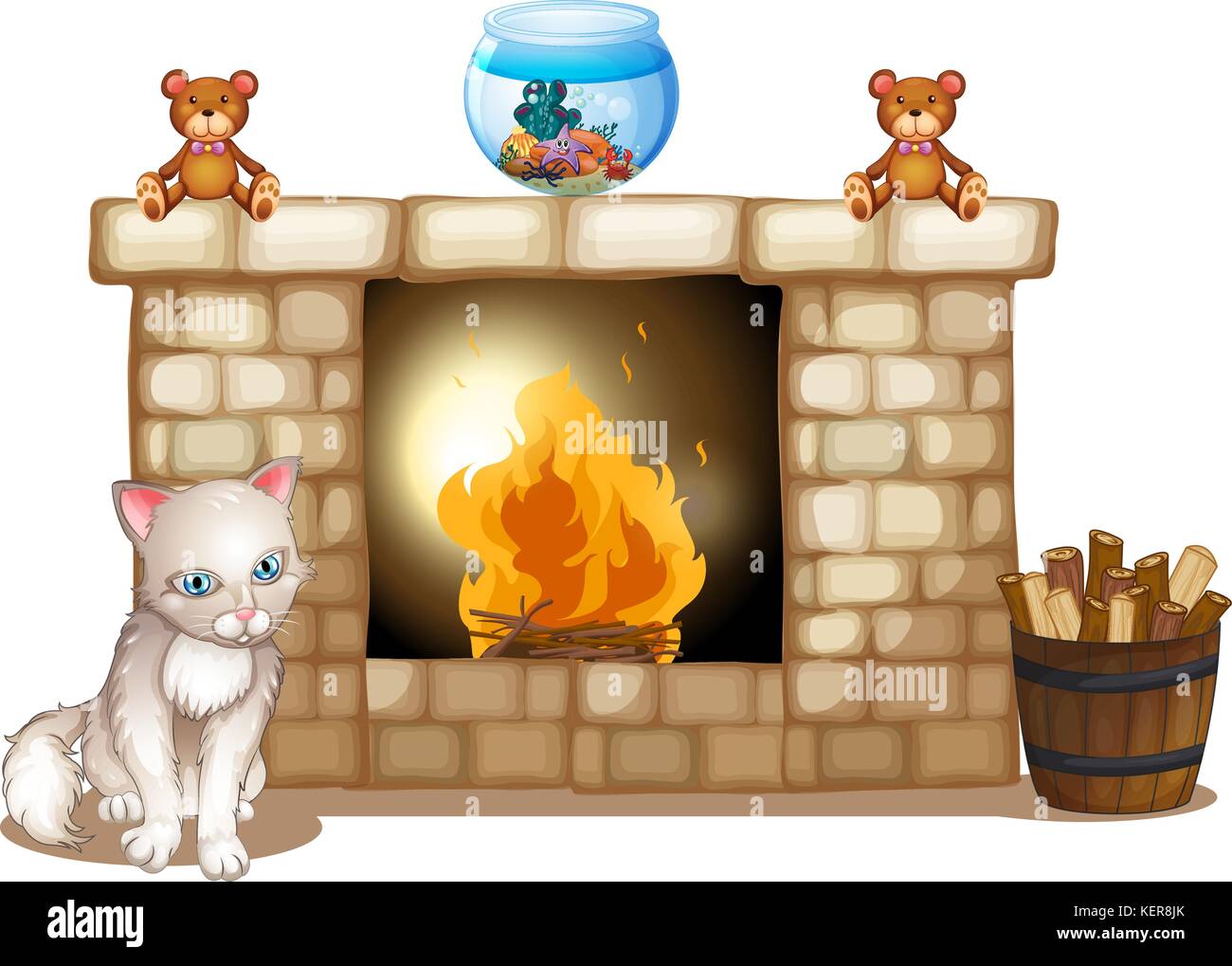 Illustration of a sad cat near the fireplace on a white background Stock Vector