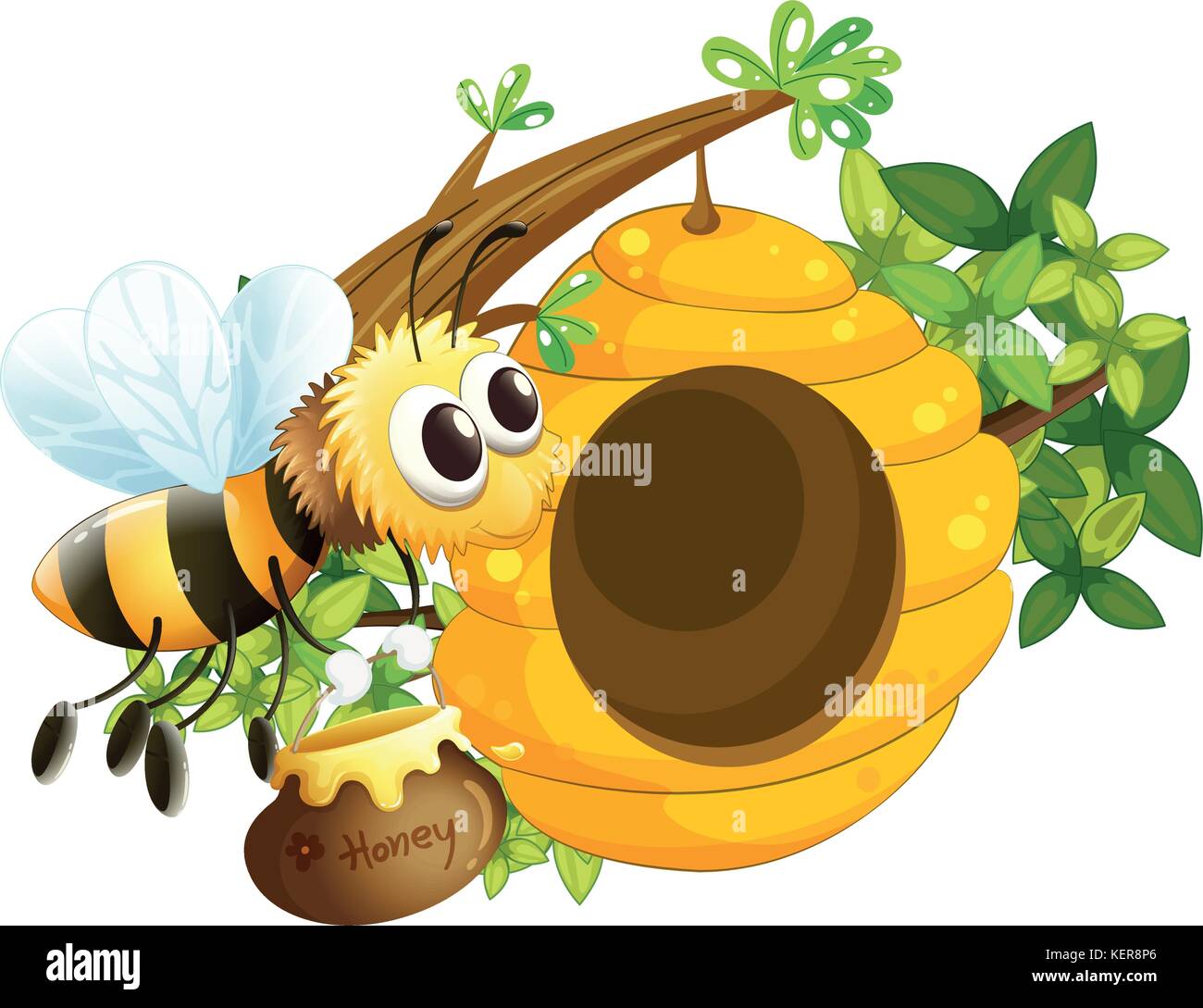 Illustration of a bee near the beehive on a white background Stock Vector