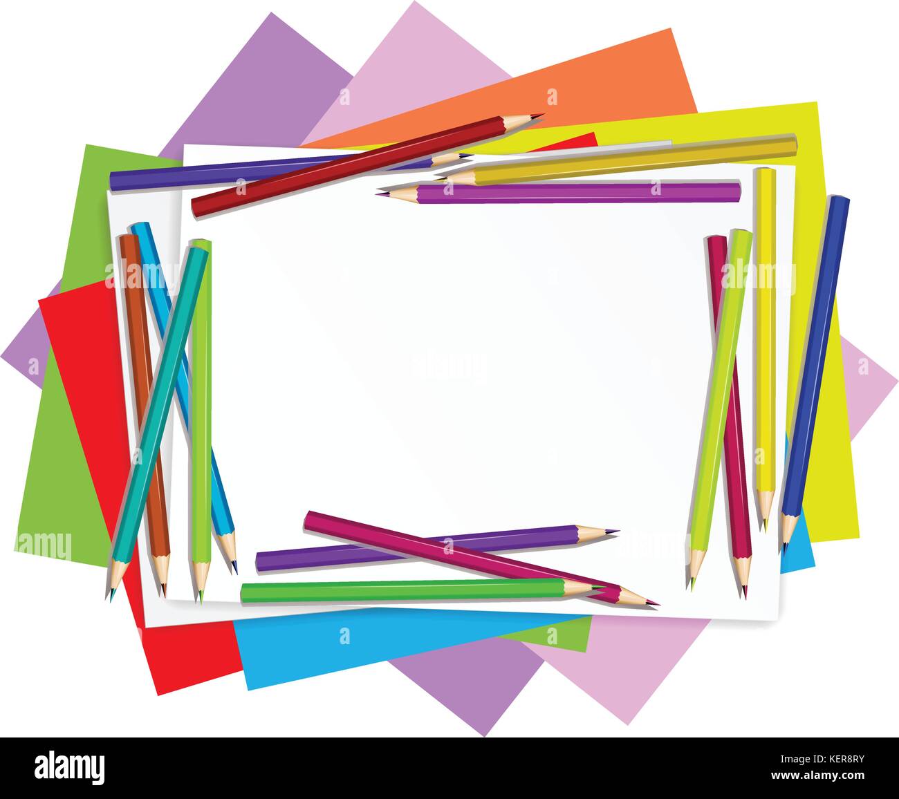 Illustration of the empty papers with colourful pencils on a white background Stock Vector