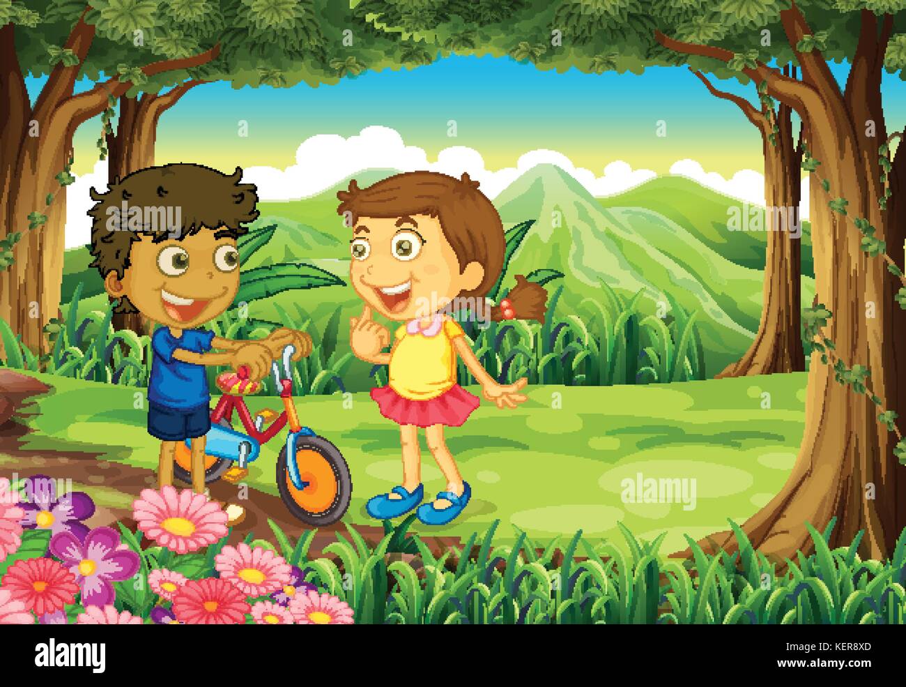 Illustration of a forest with kids and a bike Stock Vector Image & Art ...