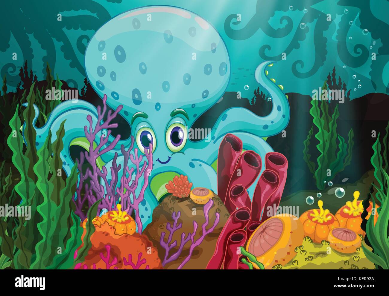 illustration of a giant octopus underwater Stock Vector