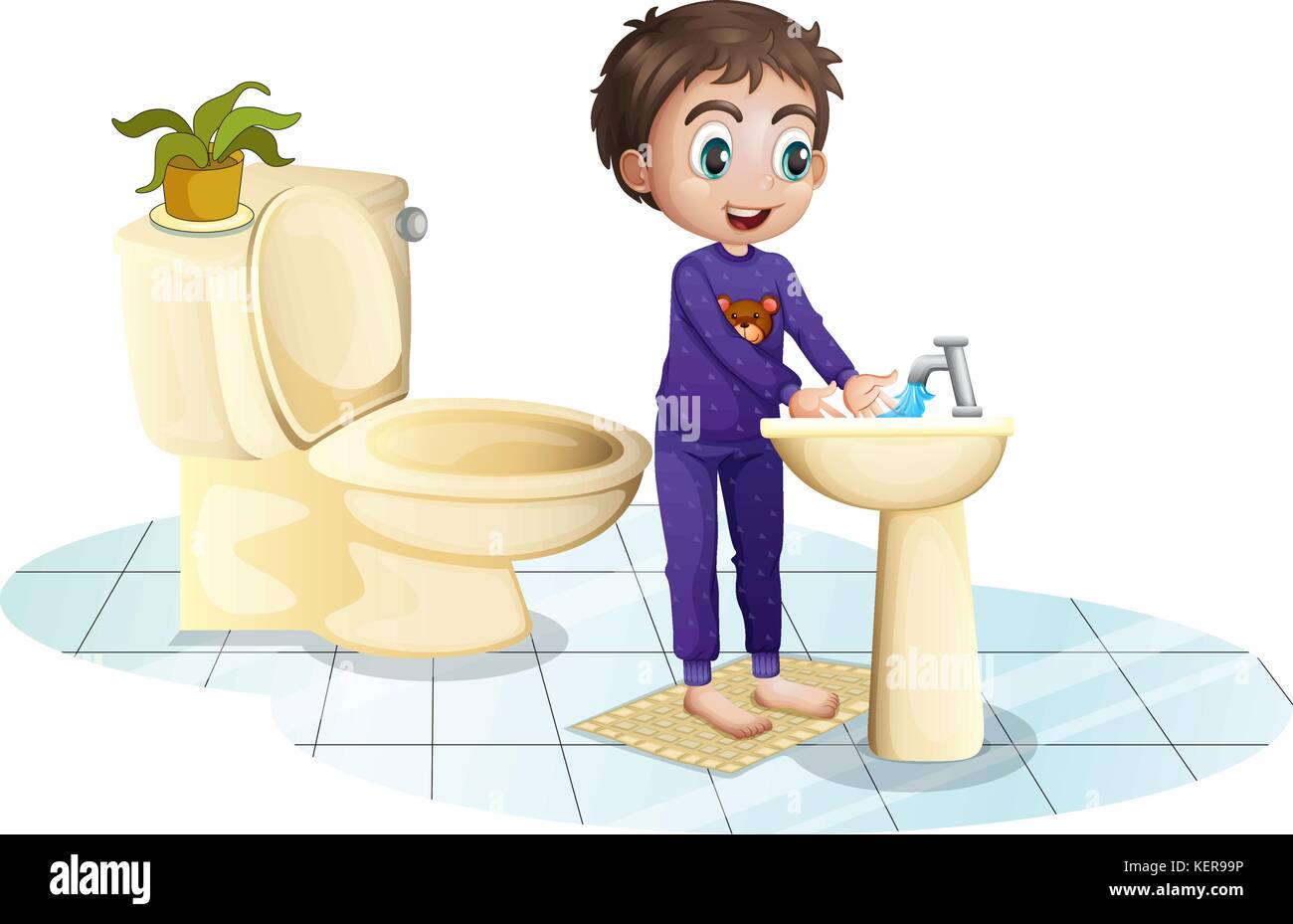 Illustration of a boy washing his hands at the sink on a white background Stock Vector
